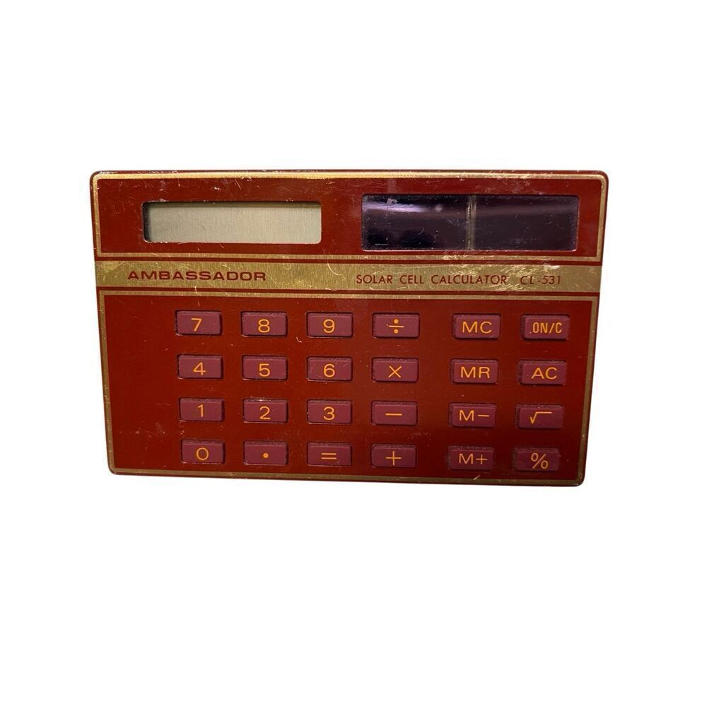 Ambassador CL-531 Vintage Red Solar Calculator Gold Trim Retro 1980s Collectible